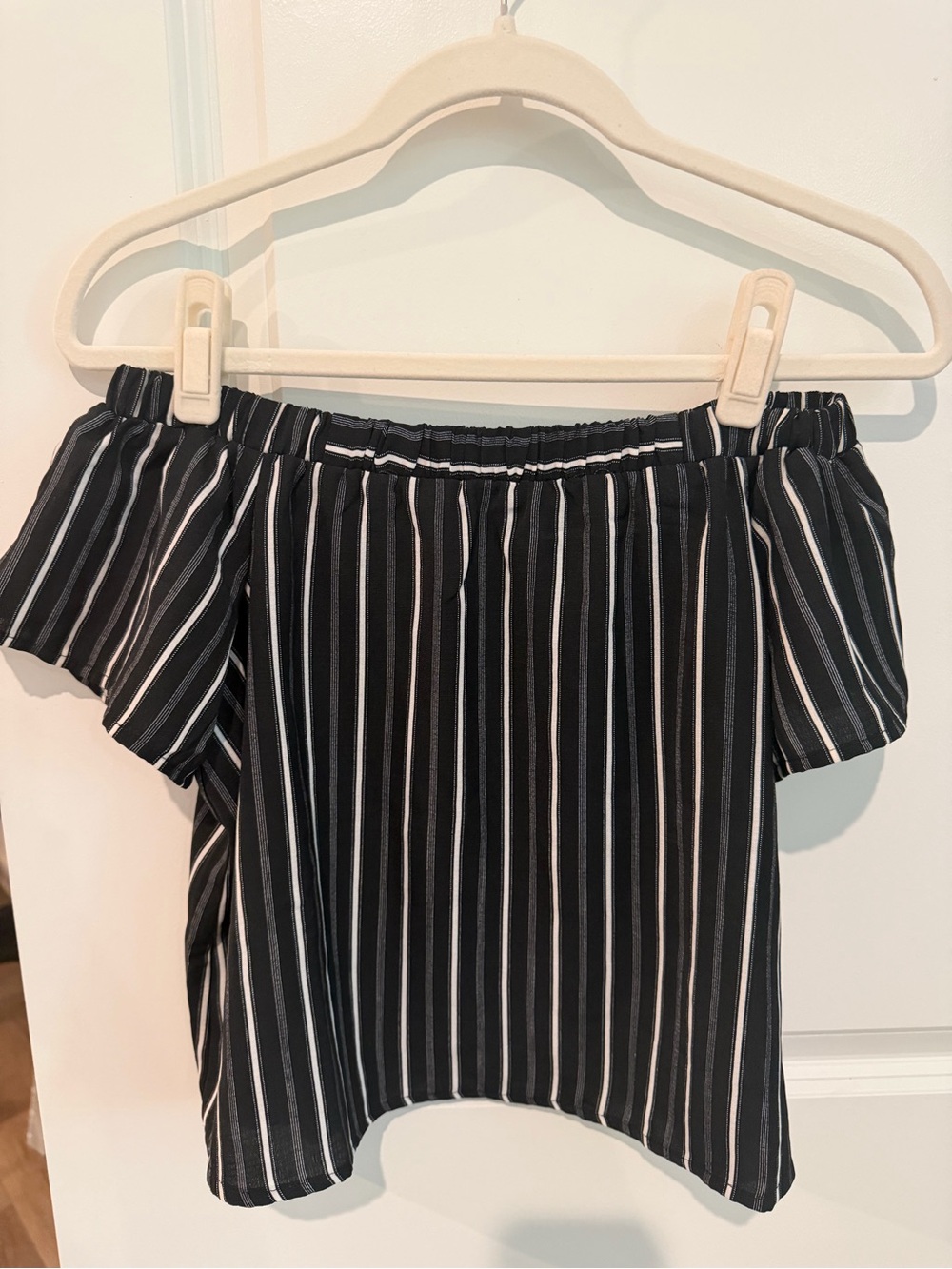 Doe & Rae Black and White Striped Off-Shoulder Top